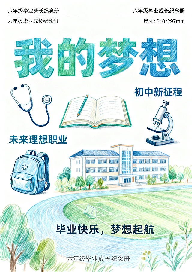 六年级毕业成长纪念册手抄报，主题为"我的梦想"，彩铅手绘风格，白底，包含未来理想职业、初中憧憬元素，清新励志风格手抄报设计，尺寸210*297mm