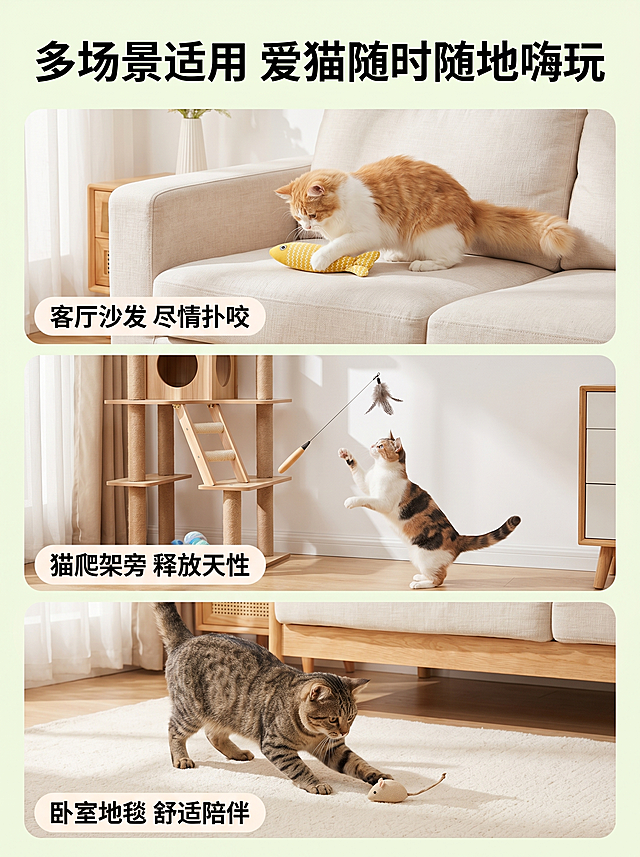 [主图 4] 猫咪玩具组合套装多场景适用展示。
[氛围风格] 清新可爱宠物用品风，整体风格和前面保持统一；
[画质] 商业摄影质感、光线柔和通透、产品清晰真实、画面干净高级。
[元素] 分三个宫格展示猫咪玩具在不同居家场景的使用：客厅沙发上、猫爬架旁、卧室地毯上，每个场景展示一款玩具猫咪互动的画面，自然温馨，保持产品外观颜色与原图一致，无变形色差。商品主体清晰，场景氛围感强。
[光影] 每个场景都保持明亮自然光线，整体光影统一协调。
[配色] 浅色系家居场景，整体清新温馨，和产品风格匹配。
[视角构图] 九宫格版式，场景分区清晰，构图规整有序。
[文字版式] 顶部标题："多场景适用 爱猫随时随地嗨玩"，深绿色加粗；每个场景下方配简短说明文字，清晰不遮挡主体。
[比例分辨率] 3:4 比例，2k 分辨率，文字清晰锐利，画面超高清。
[负向提示词] 变形，水印，文字错乱，产品图模糊，背景杂乱