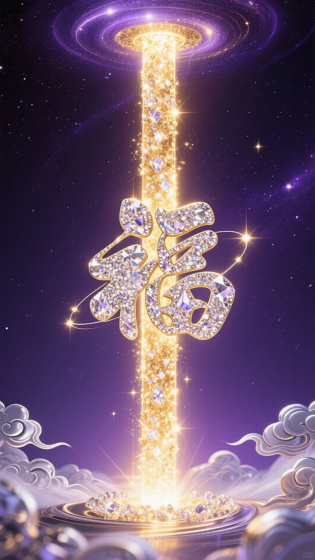 3D鎏金风“福”字镶嵌晶钻，粒子光柱自天而降，云雾缭绕，紫金宇宙背景，奢梦幻圣，新春贺岁。