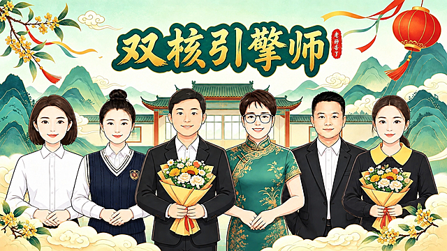 将图片上方的大字“全能型输出”修改为“双核引擎师”，字体样式、颜色、描边效果与原图完全一致，保持金色字体配深绿色描边的国风书法风格，位置和大小不变。画面中其他所有元素（人物、背景、山水、建筑、桂花、灯笼、右侧红色印章文字等）全部保持原样不变。
