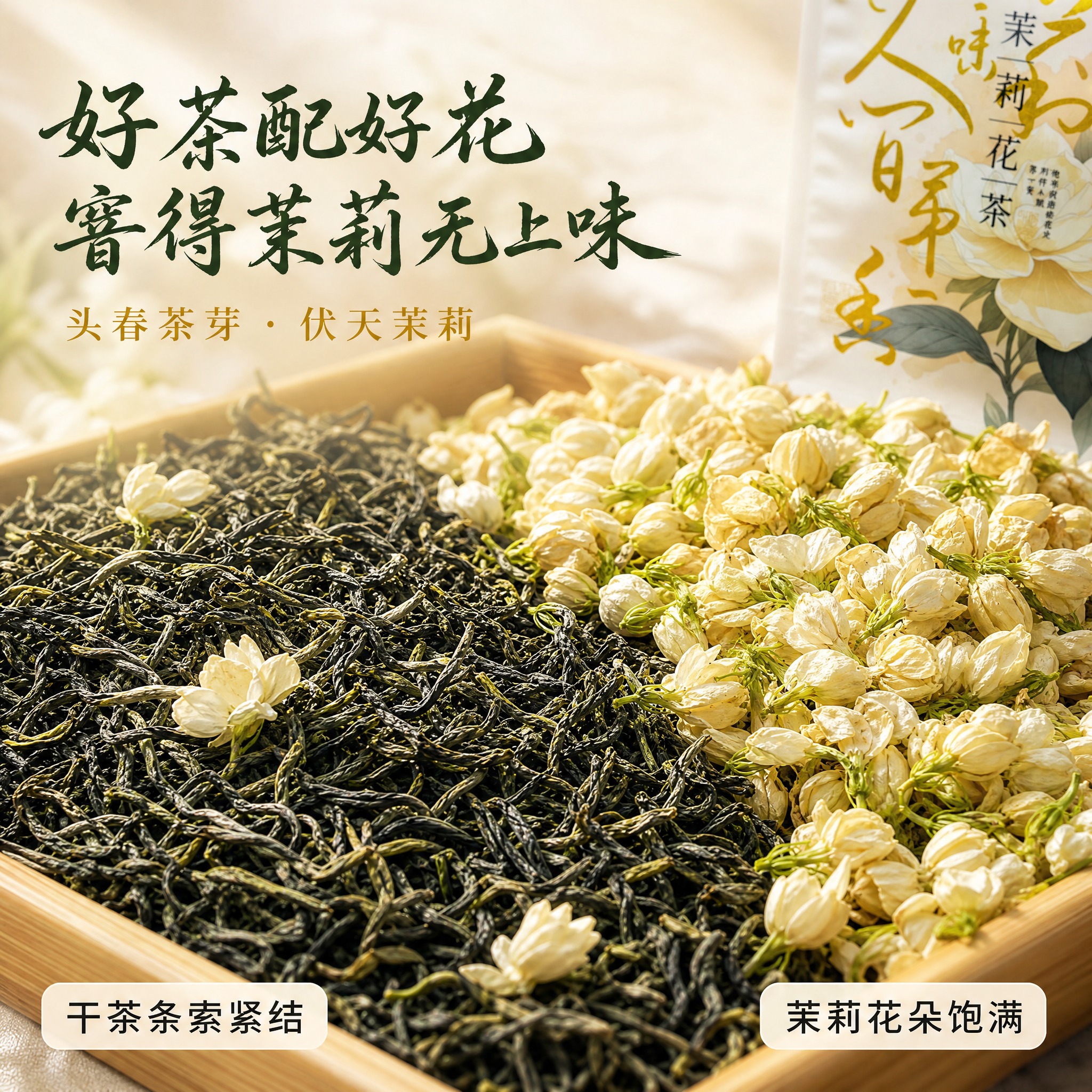 [主图-3] 横州茉莉花茶干茶与茉莉原料细节微距图，微观种草。… - 图片创意预览