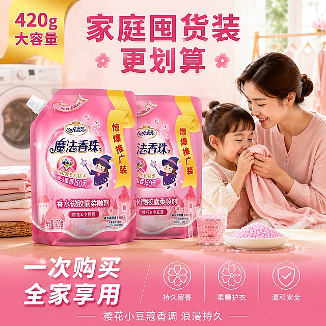 [主图-5] 柔欣魔法香珠柔顺剂家庭装规格转化图
[氛围风格] 温馨治愈家庭风 粉色暖调 柔和自然光 真实居家场景
[画质] 商业摄影质感 光线柔和通透 产品清晰真实 画面干净高级 超高清细节
[元素] 画面中央展示两袋柔欣魔法香珠柔顺剂并排摆放 形成家庭囤货装的感觉 保持产品外观即物理结构材质质感颜色与输入产品图绝对一致 杜绝任何变形和色差 精细化处理 商品主体占比约60% 产品前方摆放着量杯 香珠颗粒洒出一些在白色碟子里 背景是温馨的家庭洗衣房场景 虚化的洗衣机 晾衣架 叠放整齐的衣物 右侧有一位妈妈和宝宝的温馨互动 妈妈拿着洗好的衣服 宝宝闻着衣服的香气 开心的表情 整体画面突出家庭装大容量 性价比高
[光影] 柔和的正面主光 产品受光均匀 背景虚化 人物区域有温暖的侧光 整体粉色暖调 光线通透 温馨治愈
[配色] 主色调樱花粉 白色 辅助色浅木色 金色点缀促销信息
[视角构图] 平视视角 产品组合为视觉中心 人物在右侧形成温馨场景 背景虚化突出主体 画面满屏无边框
[文字版式] 顶部大标题 家庭囤货装 更划算 粉色粗体 居中 左上角金色角标 420g大容量 底部通栏粉色渐变蒙层 左侧大字 一次购买 全家享用 右侧三个小图标横向排列 分别标注 持久留香 柔顺护衣 温和安全 最下方小字 樱花小豆蔻香调 浪漫持久 白色字体
[输出要求] 1:1比例 文字清晰锐利 画面超高清商业摄影质感
[负向提示词] 变形 文字错乱 产品图模糊 背景杂乱 水印 电商平台Logo 人物面部变形