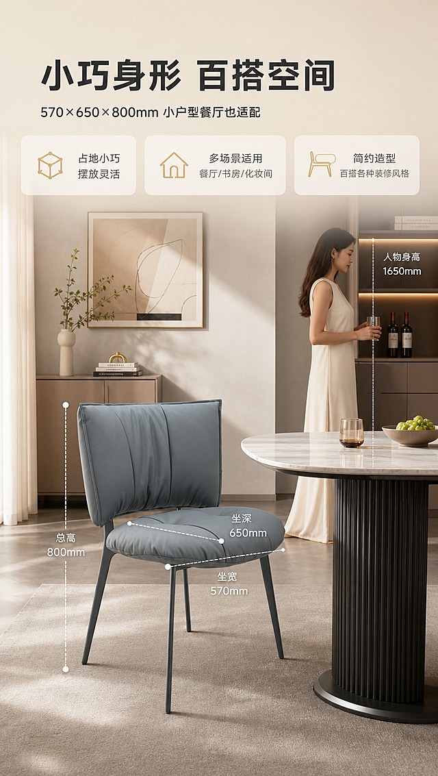 [商品] 使用【图1】灰色DY-8828餐椅；保留整体结构、比例、颜色；商品处理：保持产品原貌，用于空间尺度展示。
[画面] 目标：空间尺度适配页，展示尺寸与小户型友好性。构图：上文下景，顶部文案区，下方餐厅场景中餐椅置于餐桌旁，叠加虚线尺寸标注（总高、坐宽、坐深示意），旁边有人物比例参照。产品占画面约50%。背景为现代简约餐厅，体现空间感。
[视觉] 套系策略：风格=现代轻奢高级家居商业摄影；标题字=现代无衬线粗体；正文字=简洁无衬线体；主色=高级灰+暖杏；背景延展=基于暖杏与高级灰做深浅层级、同色渐变和细腻墙面/织物质感；强调色=香槟金，仅用于小面积图标、引线和标签；标题色=深炭灰；正文色=中暖灰；组件=圆角浅底信息卡、细线引线、香槟金点缀；光影=左前侧暖柔光，自然窗影。
[文字] 顶部主标题「小巧身形 百搭空间」（8字），副标题「570×650×800mm 小户型餐厅也适配」（16字），3个空间卖点：「占地小巧 摆放灵活」「多场景适用 餐厅/书房/化妆间」「简约造型 百搭各种装修风格」。画面中用细线标注整体尺寸示意。文字横向排版。
[规格] 图片比例9:16竖版，4K分辨率，负向提示：避免变形、错字、文字过小、冷蓝背景、产品颜色改变、结构失真、极限词、平台Logo水印。