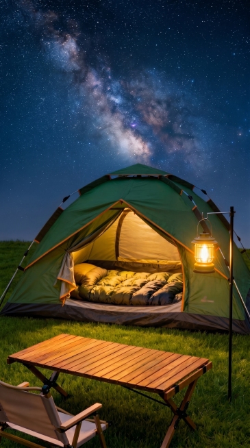 去掉木桌上的茶杯和甜点，保持原图露营场景、星空草地帐篷和整体风格不变，补全桌子被遮挡的木纹草地预览效果