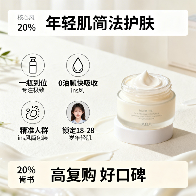 MIYOO面霜卖点详情图，奶白风，三分区布局。顶部20%标题区，奶白色背景，大号字体写"年轻肌简法护肤"。中部60%主体区，左侧展示4个核心卖点图标：一瓶到位图标、轻肤感水滴图标、简包装ins风图标、预览效果