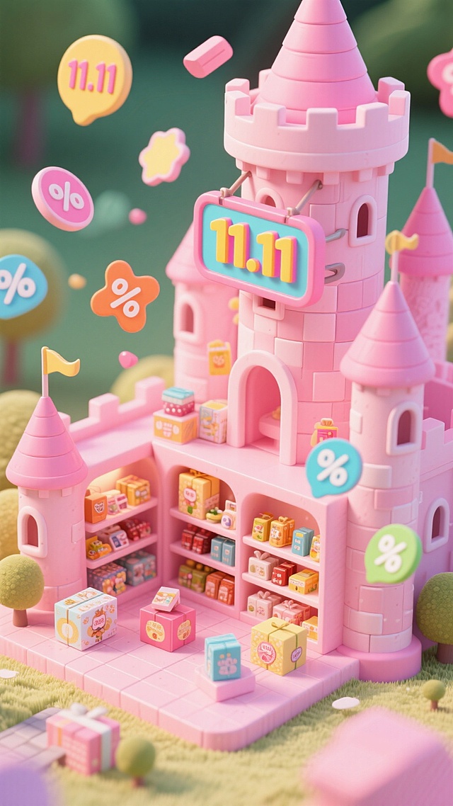 粉色童话城堡化身双十一购物乐园，软3D微缩艺术风格，萌趣卡通元素与漂浮折扣符号营造甜蜜可爱氛围，塑料质感增添童趣。