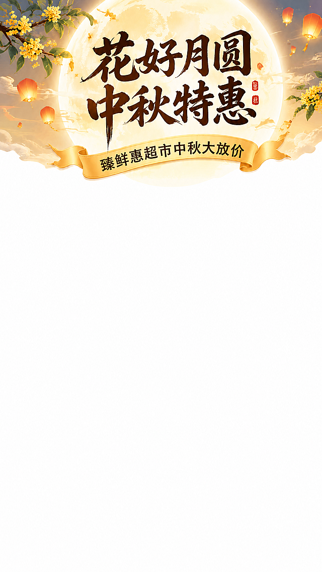 参考图1的中秋国风场景与上贴片风格，只保留画面顶部的上贴片区域（主标题+副标题丝带），其余所有元素（左侧优惠券竖卡、右侧圆形福利卡、下方水面与兔子小船、底部桂花、远山建筑等）全部删除，画面中下部及底部为纯净白色背景无任何装饰。

保留项：
- 顶部大月亮、桂花枝、孔明灯等中秋氛围装饰（仅上贴片周围区域）
- 主标题两行大字"花好月圆""中秋特惠"，书法字体，深棕色，位置与参考图一致
- 主标题下方的金色飘带丝带造型

修改项：
- 丝带上的文字由"直播间超低折扣限时四折"改为"臻鲜惠超市中秋大放价"，文字逐字准确，黑色或深棕色字体，居中排列在金色丝带上
- 删除画面中所有竖贴片、圆形卡片、优惠券、兔子、小船、水面、底部桂花、远山建筑等非上贴片元素
- 画面中部及下方全部为纯净白色背景，无任何场景、无任何装饰元素，保持干净留白

上屏文字清单：
- 主标题第一行："花好月圆"
- 主标题第二行："中秋特惠"
- 副标题丝带："臻鲜惠超市中秋大放价"

商业设计质感 画面精致高级 文字清晰锐利 卡片边缘干净利落 描边清晰
国风中秋风格 暖金色调 书法字体 丝带造型精致
9:16竖版构图 上贴片内容集中在画面顶部约1/4区域 中下部纯白留白