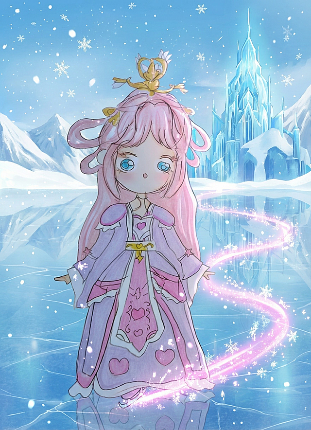 梦幻感十足的插画风雪国公主，融合可爱感与动漫风，软3D质感搭配水彩晕染，粒子光效点缀冰雪城堡背景，营造冬日童话氛围。