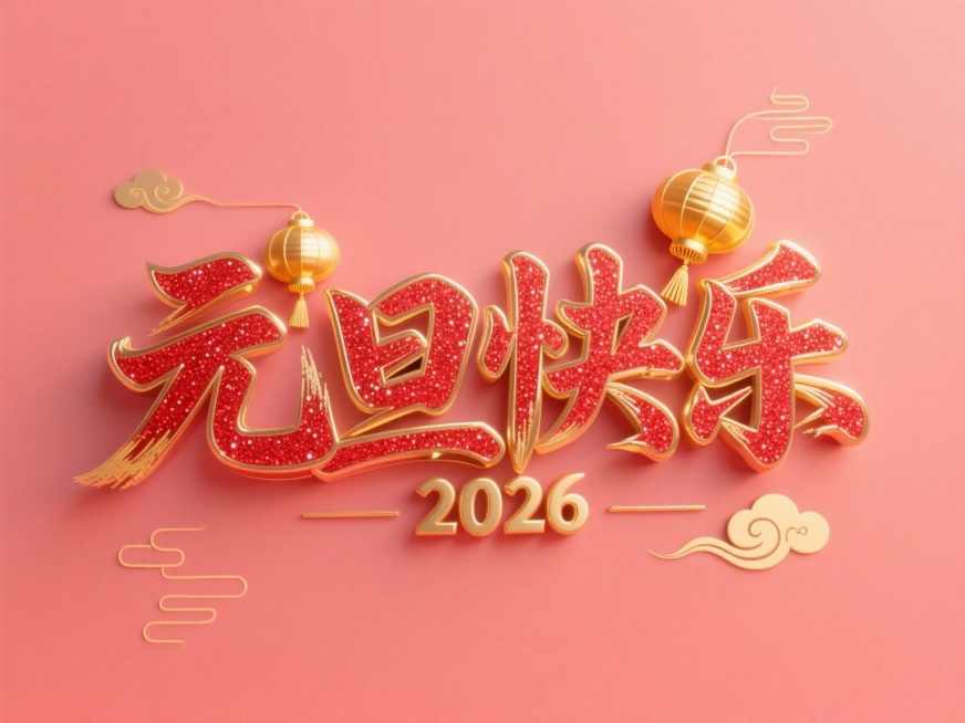 “元旦快乐” 立体艺术字，连贯的装饰性字体：“元” 字首笔融合为金色灯笼造型，“乐” 字底部嵌入 “2026” 字样，淡红色平面背景中，红色闪粉与金色金属的材质；金色用于灯笼流苏、字边缘带有金色立体描预览效果