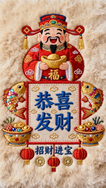 浅米色毛绒质感背景，表面有细腻的绒毛纹理，整体呈现温暖柔和的视觉效果。画面中央是一个精致的刺绣方形框架，框架内部用蓝色粗体汉字绣着“恭喜发财”四个大字，字体饱满有力，周围环绕着细小的金色祥云刺绣图案。框架上方刺绣着一个笑容满面、手持金元宝的财神爷形象，财神爷身着红色锦袍，袍上绣有金色的“福”字和祥云纹样，头戴官帽，帽翅两侧各垂下一条金色流苏。框架左右两侧对称刺绣着金色的鲤鱼和聚宝盆图案，鲤鱼鳞……预览效果