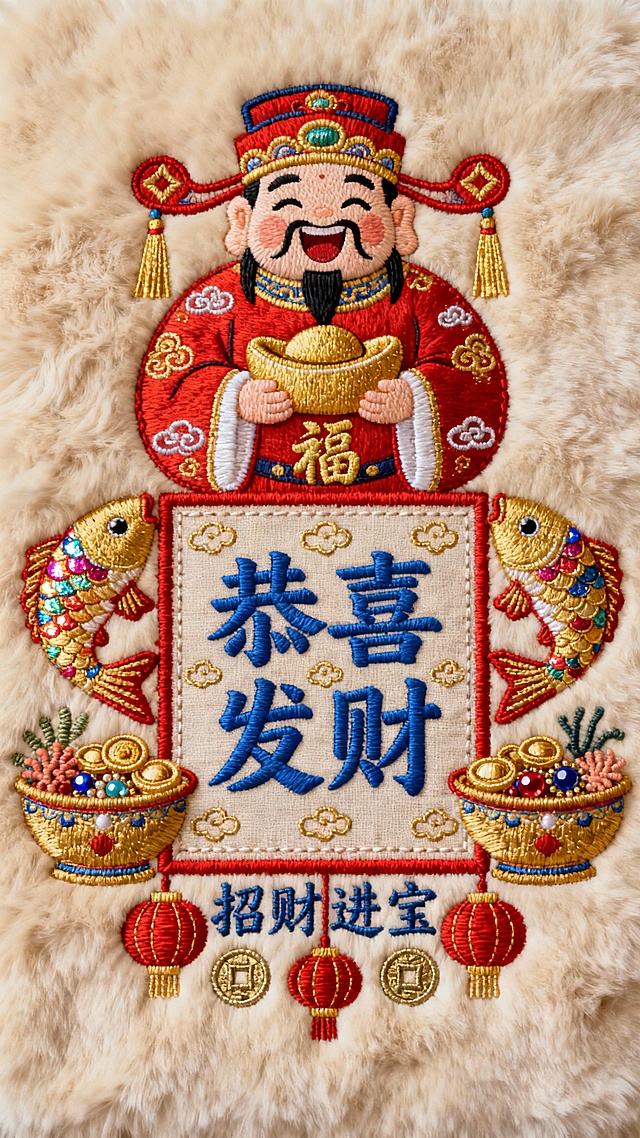 浅米色毛绒质感背景，表面有细腻的绒毛纹理，整体呈现温暖柔和的视觉效果。画面中央是一个精致的刺绣方形框架，框架内部用蓝色粗体汉字绣着“恭喜发财”四个大字，字体饱满有力，周围环绕着细小的金色祥云刺绣图案。框架上方刺绣着一个笑容满面、手持金元宝的财神爷形象，财神爷身着红色锦袍，袍上绣有金色的“福”字和祥云纹样，头戴官帽，帽翅两侧各垂下一条金色流苏。框架左右两侧对称刺绣着金色的鲤鱼和聚宝盆图案，鲤鱼鳞片用彩色丝线绣制，闪闪发光，聚宝盆中盛满了金币、珠宝和珊瑚。框架下方刺绣着“招财进宝”四个篆书小字，字体周围点缀着红色的灯笼和金色的铜钱刺绣。整个画面色彩丰富和谐，以红色、金色、蓝色为主色调，各种刺绣图案边缘清晰，针脚细密，立体感强，充满了浓郁的传统节日喜庆氛围和发财主题的吉祥寓意。