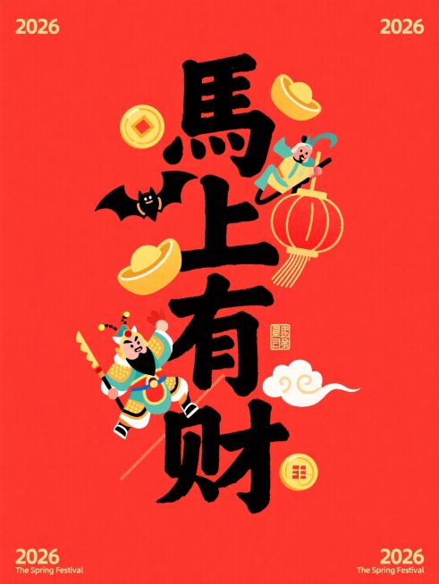 主体是竖版黑色 “馬上有财” ，毛笔字手写风格，上下保留一定边距。叠加于正红底色之上，字间穿插秦琼和尉迟恭、蝙蝠元素与元宝、铜钱、红灯笼、祥云符号，点缀 “2026”。四角辅以2026、The Spr预览效果