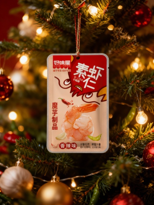 特写参考图产品挂在华丽的圣诞树上作为装饰之一。预览效果