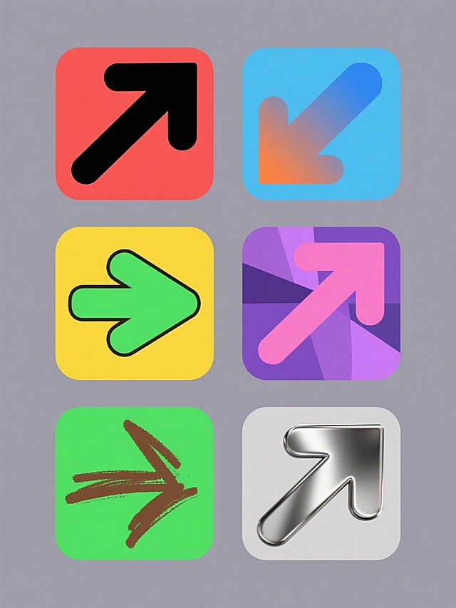 六个完全不同风格的箭头图标系列素材集合，保持箭头元素内容，纯色背景，规整排布。第一个箭头是粗线条极简风格，红色背景上的黑色箭头；第二个是渐变立体风格，蓝色背景上的橙色渐变箭头；第三个是圆角卡通风格，黄色背景上的绿色箭头；第四个是几何拼接风格，紫色背景上的粉色箭头；第五个是手写涂鸦风格，绿色背景上的棕色箭头；第六个是金属质感风格，灰色背景上的银色箭头。所有箭头均朝右，大小一致，排列整齐。