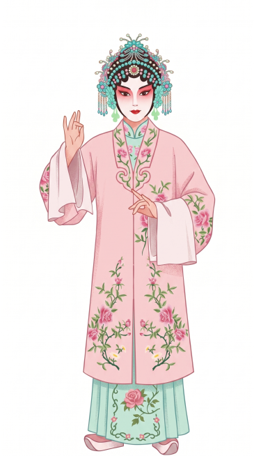 参考图一的扁平国风插画风格，重绘图二中的京剧旦角人物，保持人物的姿势、头饰和粉色刺绣服饰造型，采用简约扁平的插画风格，清晰还原花卉刺绣细节和头饰装饰，保留粉色主色调预览效果