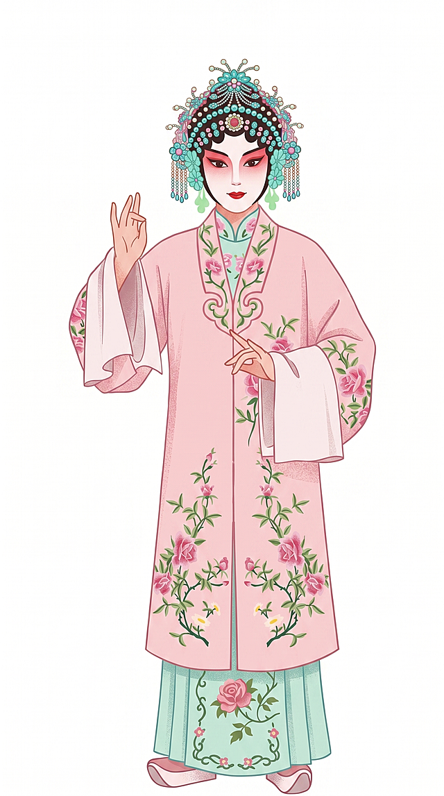 工笔与刺绣融合的插画风，古典中式戏曲美人，粉绿相间的花枝纹饰，唯美优雅，尽显民族韵味。