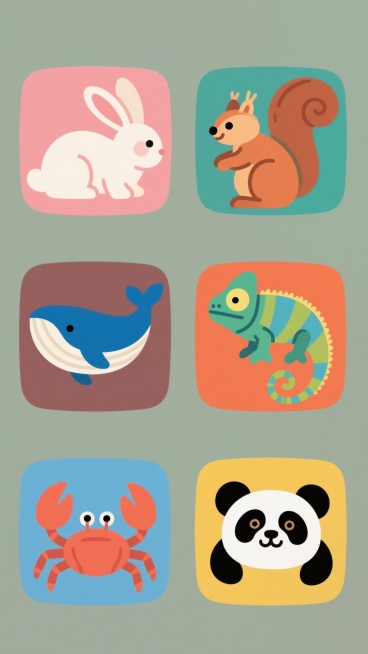 一系列6个不同元素的插画集合，每个元素都以统一的插画风格呈现，背景为纯色，整体色彩进行了变换，元素类目保持一致，规整排布，画面中包含兔子、鲸鱼、松鼠、变色龙、螃蟹和熊猫，每个元素都具有清晰的轮廓和简洁的线条，色彩鲜艳明快，细节丰富，整体构图平衡，视觉效果和谐统一。预览效果