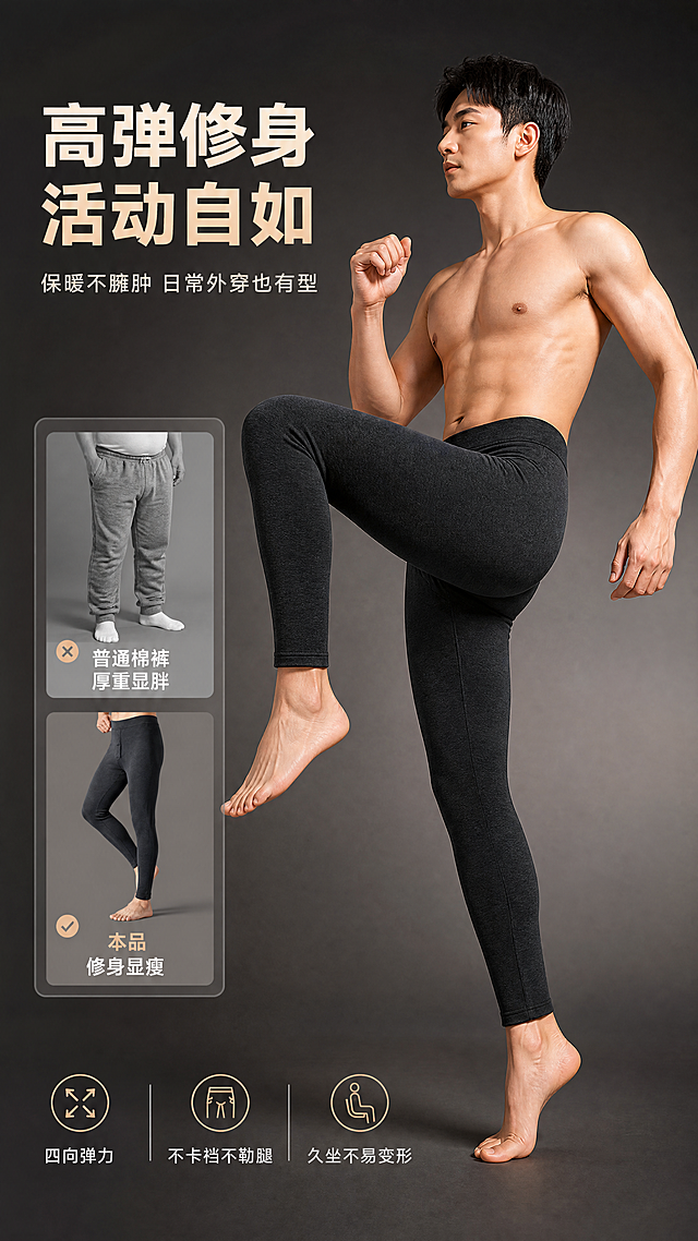[商品] 使用【图5】黑灰色保暖裤模特侧面抬腿图；商品处理：保留黑灰色外层、宽边腰头、前门襟、修身版型和面料肌理；自然去除褶皱，理顺裤腿线条，增强面料纹理和缝线质感，不改变版型、颜色和结构。
[画面] 目标：弹力修身演示页，展示活动自如不臃肿。构图：竖版9:16，中央亚洲男性模特做侧身抬腿动作，展示裤子弹力和修身效果，产品占画面约60%。左侧放对比示意图：普通棉裤臃肿vs本品修身。背景：深暖灰渐变，简洁影棚感。阅读动线：先看动态模特，再读左侧对比。
[视觉] 套系策略：风格=国内电商高级保暖商业摄影；标题字=粗黑体现代无衬线；正文字=简洁无衬线体；主色=深炭灰+暖米白；背景延展=基于深暖灰做同色渐变和细腻质感；强调色=暖驼色，仅用于小面积图标、引线和标签；标题色=暖米白；正文色=浅暖灰；组件=圆角半透明对比卡、弹力箭头图标；光影=侧前暖柔光，突出腿部线条。
[文字] 右上主标题"高弹修身 活动自如"，副标题"保暖不臃肿 日常外穿也有型"。左侧对比卡两条：「普通棉裤 厚重显胖」「本品 修身显瘦」。下方3个小卖点：「四向弹力」「不卡裆不勒腿」「久坐不易变形」。文字均为横排。
[规格] 图片比例9:16竖版，4K，负向提示：避免变形、错字、文字过小、冷蓝背景、裤子颜色改变、过度夸张效果、极限词。