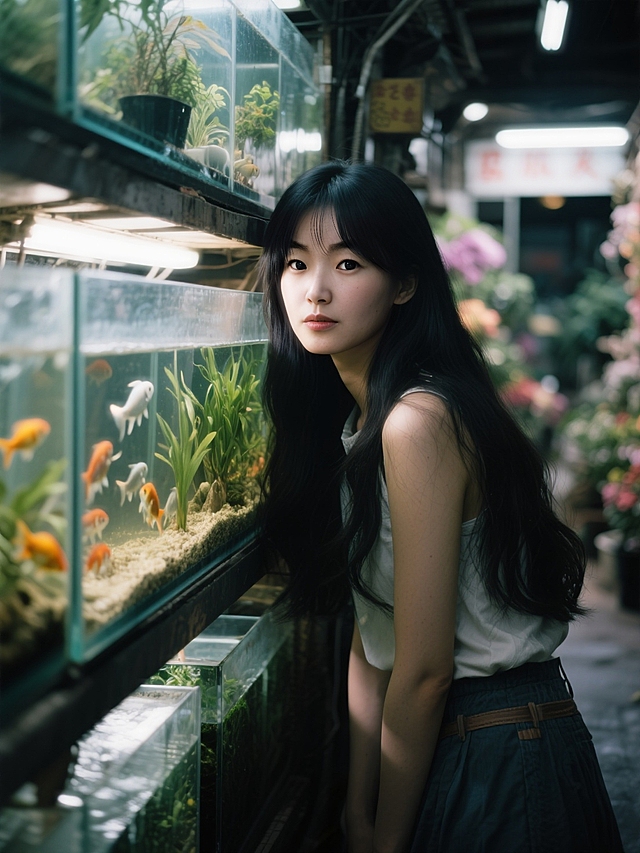千禧年少女穿搭。暗调的老式花鸟市场，靠在巨型鱼缸边。