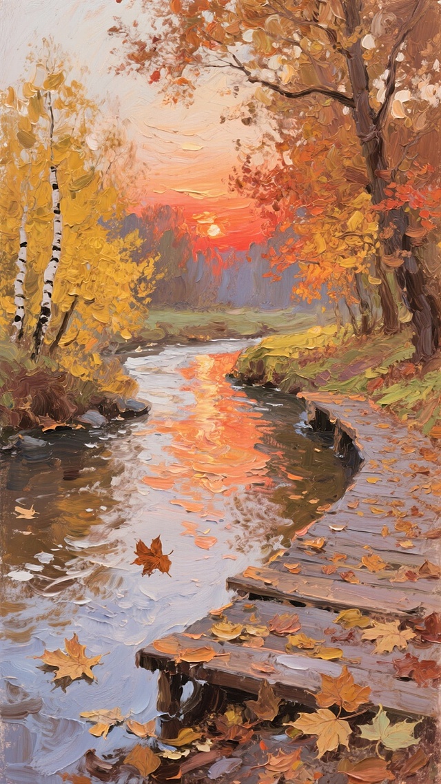 油画风秋日溪景，厚涂笔触营造静谧唯美感，光影交织于落叶与水面，印象画派手法展现文艺意境。