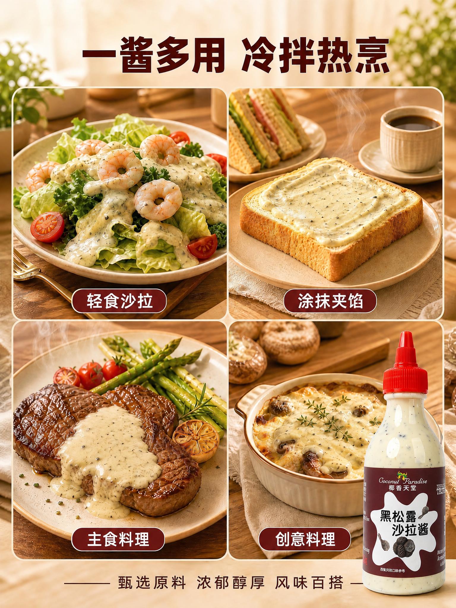 将图右下角的沙拉酱瓶子产品主体替换为参考图中的黑松露沙拉酱瓶子… - 图片创意预览