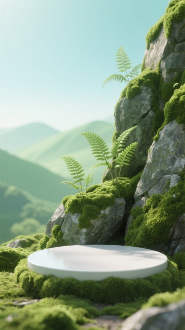 3D渲染风格的绿色自然场景，画面以清新明亮的绿色调为主，阳光柔和地洒在覆盖着茂密翠绿苔藓的岩石上，几株嫩绿的蕨类植物从石缝中生长出来，前景中一个光滑的白色圆形平台边缘也点缀着苔藓，背景是渐变的浅绿色远预览效果