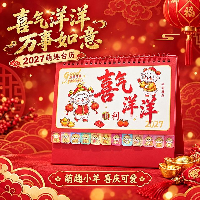 喜气洋洋灯笼款台历单独主图，淘宝主图规格1:1高清图。产品居中偏右展示，占画面约60%，完整保留产品原样：红色线圈装订、萌羊提灯笼图案、喜气洋洋大字、平安喜乐字样、底部彩色羊头月份索引、红色三角底座。背景为红色渐变搭配金色光斑和祥云暗纹，国潮喜庆风格。左上角加烫金色大标题"喜气洋洋 万事如意"，下方副标题"2027萌趣台历"。底部加"萌趣小羊 喜庆可爱"文字。右下角点缀金元宝、红色装饰元素。整体喜庆可爱，产品清晰突出。