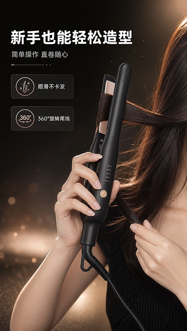 [商品] 使用【图1】【图3】黑色直卷两用电烫发板打开状态；保留夹板结构、黑色机身、玫瑰金面板、按键位置。
[画面] 目标：真人使用展示，亚洲女性手部操作造型。构图：单人手部操作型，亚洲女性手部握持烫发板正在夹取一缕头发做造型，产品清晰同框，手部动作自然真实，产品占画面40%，人物手部和发丝占画面35%。
[视觉] 套系策略：风格=深色科技轻奢商业摄影；标题字=现代无衬线粗黑体；正文字=简洁无衬线体；主色=深邃炭黑；背景延展=基于深炭黑做深浅渐变、同色系明暗层次和细腻磨砂金属质感；强调色=玫瑰金/香槟金，仅用于小面积图标、引线、标签和局部光效；标题色=纯白；正文色=浅银灰；组件=圆角半透明信息卡、细线引线、发光粒子；光影=右前侧暖金柔光+产品轮廓背光。
[文字] 左上主标题「新手也能轻松造型」，副标题「简单操作 直卷随心」，下方2个短卖点「顺滑不卡发」「360°旋转尾线」，文字横排，不遮挡手部和产品主体。
[规格] 图片比例9:16竖版，4K分辨率，避免变形、错字、文字过小、冷蓝背景、产品颜色改变、结构失真、绝对化用语、欧美面孔。