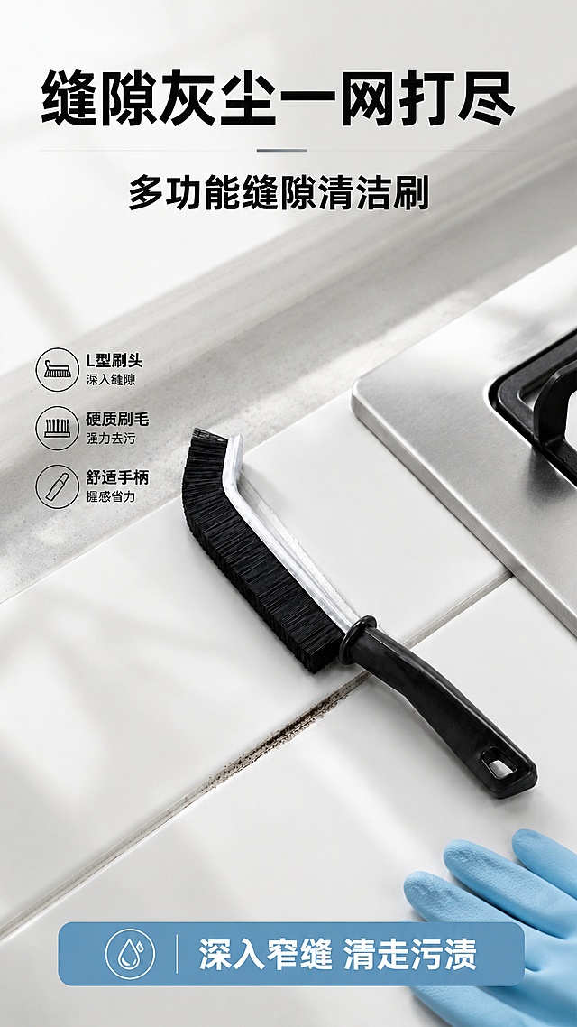 [第1屏] 详情页头图-缝隙刷结果场景海报。本屏使用【图1】作为商品主体。[氛围/风格] 简约家居清洁风，真实干净厨房场景，商业摄影质感。[元素布局] 缝隙刷放置在瓷砖缝隙旁，展示清理污渍效果，产品占画面约65%；左侧预留主标题区域，右下角搭配蓝色清洁手套作为装饰元素；保持缝隙刷L型弯头、黑色刷毛、黑色手柄的结构、颜色、比例与输入产品图完全一致。[光影质感] 顶部自然光柔和照明，产品下方自然投影，明暗层次清晰，突出刷毛轮廓。[配色色系] 全局底色 #F5F5F5；主色灰白色瓷砖；辅助色黑色刷柄、蓝色手套。[视角构图] 45度斜侧视角，产品为视觉中心，阅读动线从上到下。[文字版式] 顶区主标题「缝隙灰尘一网打尽」，副标题「多功能缝隙清洁刷」，加粗黑体字居中，底部信息条标注「深入窄缝 清走污渍」，文字不遮挡产品主体。[比例分辨率] 9:16竖版比例，4K分辨率，文字清晰可辨，高清画质。[负向提示词] 产品变形，缺件错件，颜色偏差，文字过小错乱，背景杂乱，水印
