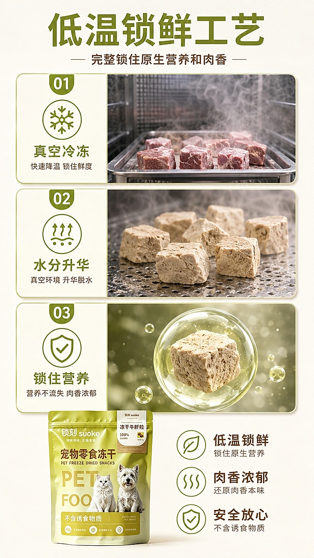 [第4屏] 工艺展示-低温锁鲜冻干工艺卖点。本屏使用【图1】产品包装作为辅助展示。
[氛围/风格] 科技感专业风，干净简洁展示工艺过程，专业商业质感。
[元素布局] 采用三格纵向排列展示工艺步骤：1真空冷冻→2水分升华→3锁住营养，每个步骤搭配示意图标和实拍示意图，下方放置产品包装，整体信息饱满，每个工艺元素占比均匀，核心信息突出。
[光影质感] 均匀柔和打光，每个区块光影一致，图标和文字清晰明了，没有明暗死角。
[配色色系] 全局底色 #F8F6F0，主色浅绿和深棕，保持整体配色体系统一，不新增额外颜色。
[视角构图] 纵向排版，从上到下依次阅读，标题→三步工艺→底部产品。
[文字版式] 主标题「低温锁鲜工艺」，副标题「完整锁住原生营养和肉香」，每个工艺步骤配5字以内短句说明，圆角字体统一，每个步骤文字清晰，适配手机阅读。
[比例分辨率] 9:16竖版比例，width: 1080, height: 1920，4K分辨率，文字清晰可辨，高清画质。
[负向提示词] 步骤混乱，文字不清，图标变形，颜色冲突，产品模糊