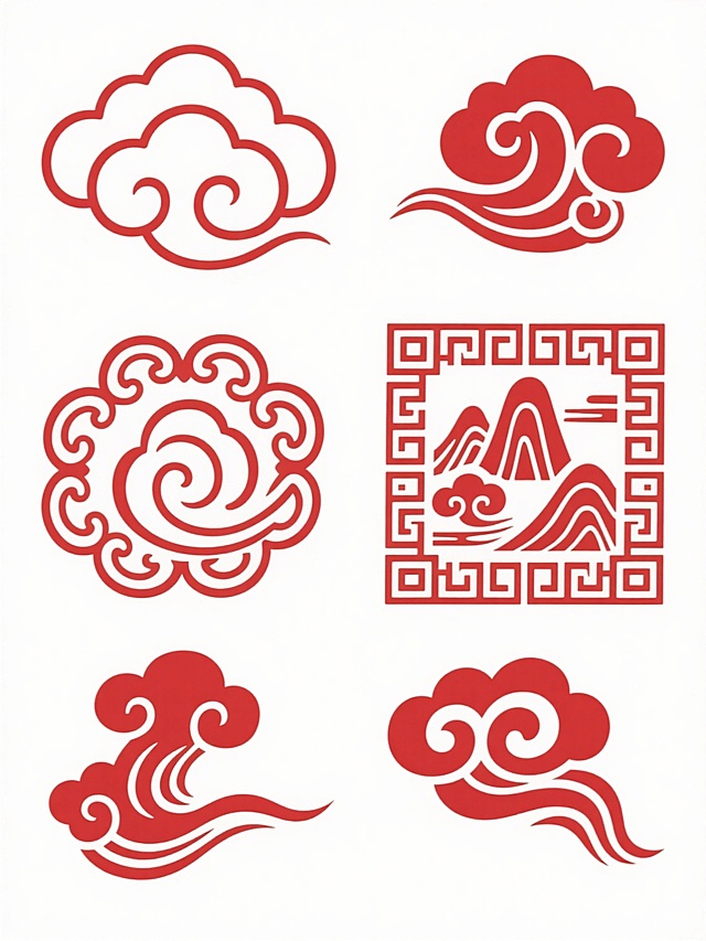 中国传统祥云纹样设计集合，采用统一的正红色调，白色纯色背景，保持原图的简约线条风格与流畅曲线特征，包含六个完全不同的古风元素：1. 经典三叠云纹（顶部左侧），2. 卷草式祥云（顶部右侧），3. 如意云头纹（中部左侧），4. 回纹云气纹（中部右侧），5. 山水结合祥云（底部左侧），6. 抽象流云纹（底部右侧），所有元素呈2x3网格状规整排布，视觉层次分明，具有传统吉祥寓意与现代设计感，适合作为装饰图案或文化元素素材使用。