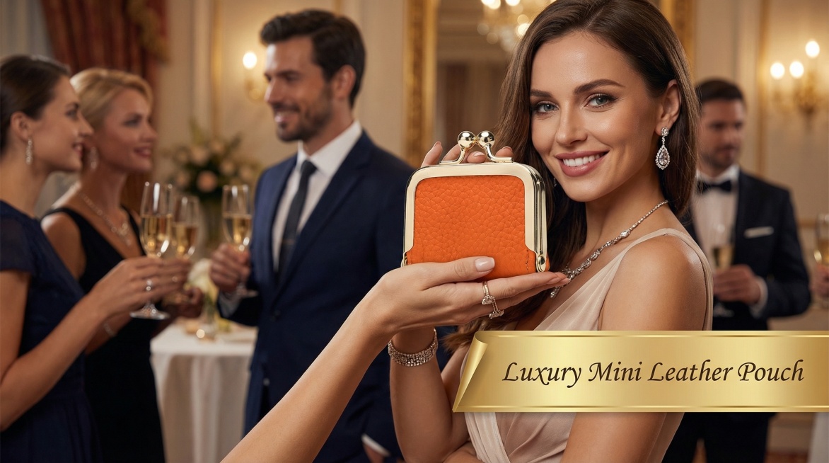 A glamorous European and American woman displaying this orange retro leather mini jewelry bag at a s预览效果