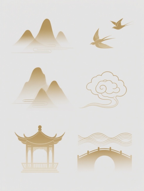 白色背景上，六个不同样式的国风元素整齐排列，淡金色渐变色调，中国传统水墨画的雅致韵味，简约线条风格。元素包括层叠远山、飞鸟、祥云、古朴亭台、拱桥及波浪纹，每个元素轮廓清晰流畅，边缘柔和过渡，整体宁静悠预览效果
