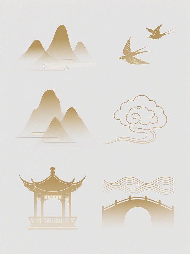 白色背景上，六个不同样式的国风元素整齐排列，淡金色渐变色调，中国传统水墨画的雅致韵味，简约线条风格。元素包括层叠远山、飞鸟、祥云、古朴亭台、拱桥及波浪纹，每个元素轮廓清晰流畅，边缘柔和过渡，整体宁静悠远的东方美学意境，构图平衡对称，视觉层次分明，兼具传统韵味与现代设计感