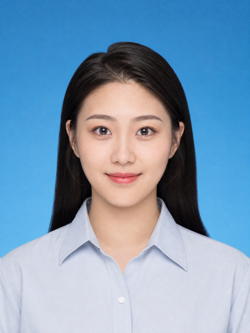 正式证件照片，年轻女性旅游顾问求职简历照，干净商务蓝背景，正面免冠，职业淡妆，穿着浅色职业衬衫，清晰自然，专业证件照风格预览效果