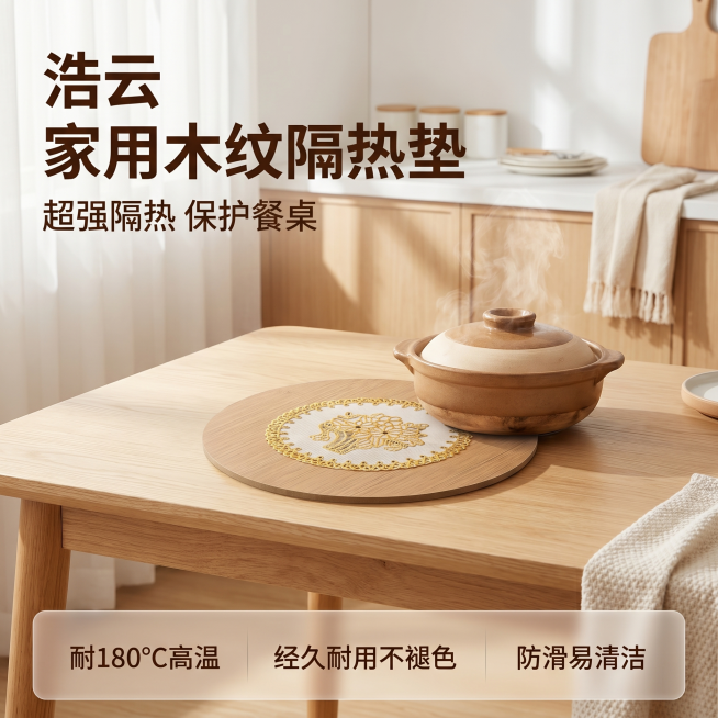 [主图 1] 浩云家用木纹隔热垫餐桌场景首图
[氛围风格] 原木温馨居家实用风，简约日用商超质感，清爽干净，自然真实
[画质] 商业摄影质感，光线柔和通透，产品清晰真实，画面干净高级
[元素] 圆形木预览效果