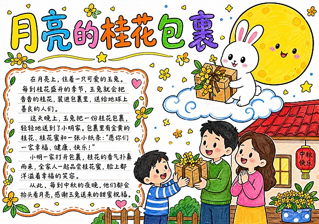 A hand-drawn Chinese hand-copied newspaper (手抄报) for lower primary school students, marker pen drawing style, white background, horizontal A4 layout (297mm x 210mm). Theme: '月亮的桂花包裹' (The Moon's Osmanthus Gift Package). Upper part of the picture: a big round full moon in the sky, a cute little white rabbit (jade rabbit) standing on a fluffy white cloud, holding a wrapped gift package tied with osmanthus branches and flowers, osmanthus petals and flowers floating and falling around. Lower part of the picture: a simple small house with a family (parents and a child receiving the gift from the moon, warm and sweet atmosphere. One text box at the bottom or side with filled with complete Chinese text content about the story of the moon's osmanthus gift, suitable for lower grade primary school students, simple and lovely words. The text box has a decorative border. Cute cartoon style, marker art with bold black outlines and vibrant colors, hand-drawn feel, simple and childlike, suitable for young children. White background, clean layout, clean and tidy layout. Main title at the top: '月亮的桂花包裹' in colorful handwritten Chinese characters. The text box contains a short story paragraph in Chinese about the jade rabbit sending osmanthus gifts from the moon to a family on earth, warm and fairy tale feeling. All text is clearly legible. No empty boxes, all content areas fully filled. Marker drawing style, not digital art, handwritten Chinese handwriting style, childlike innocence.