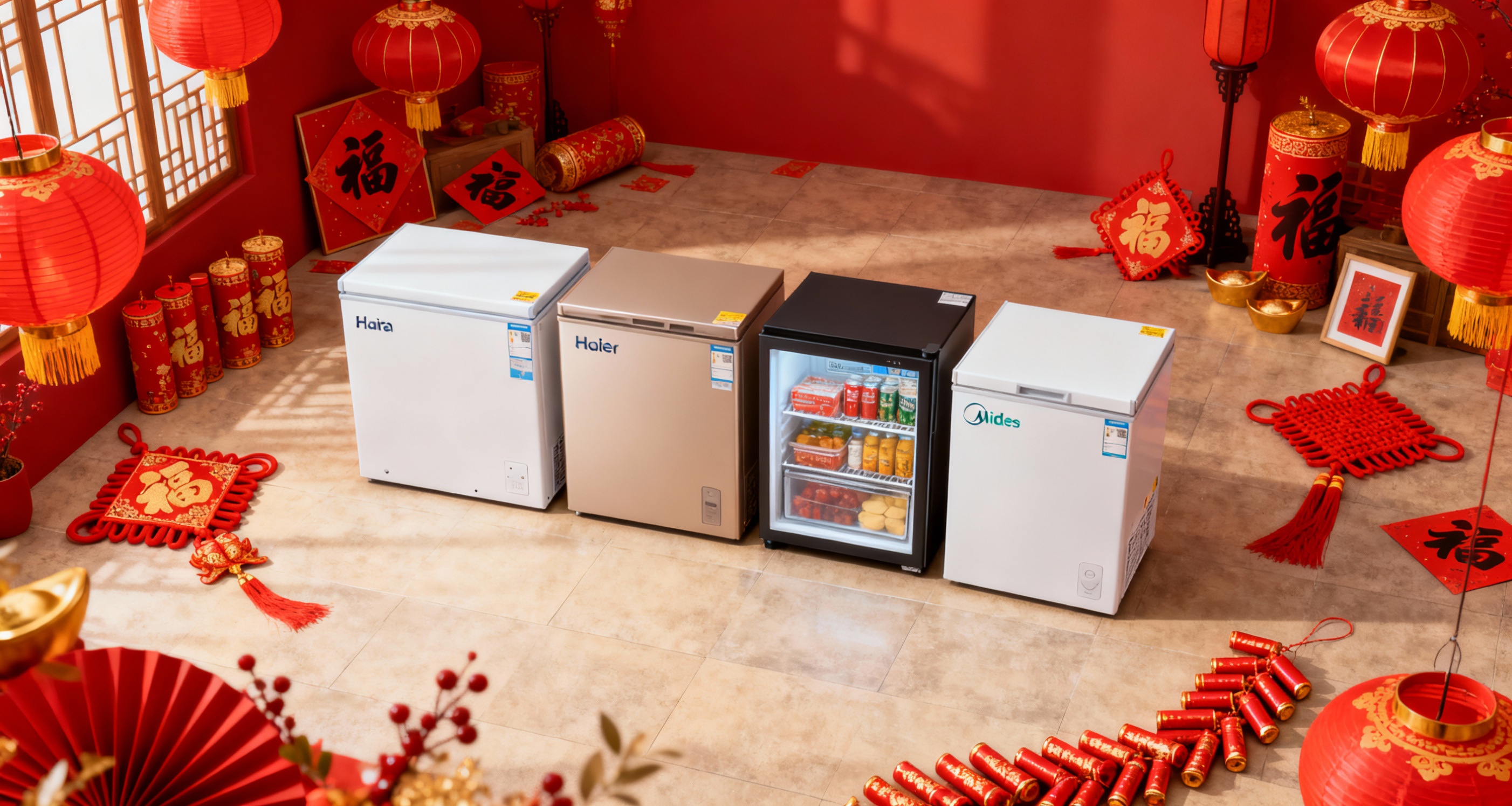 有奥马、海尔、美的、海信冷柜，产品小一点，产品需要摆设陈列红色… - 图片创意预览