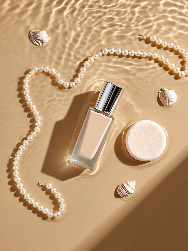 商业静物摄影。俯拍视角，主体倒放在水面上，周围随意的珍珠项链、贝壳点缀，简单干净的暖色调背景，简约柔和的光影，高级感。