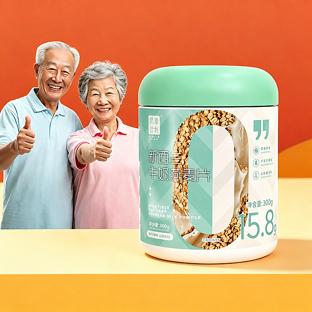 将图中右侧的燕麦片产品罐替换为第二张图中的产品，产品严格参照第二张上传图，完整保留所有可见组件、轮廓形状、结构、比例、材质质感、颜色与产品上的文字信息，与第二张上传图完全一致。场景、人物、背景、桌面、光影氛围、构图位置、产品大小比例全部保持不变，产品自然融入原场景光影，与环境物理融合，无PS抠图感。去除左下角顺丰logo水印。