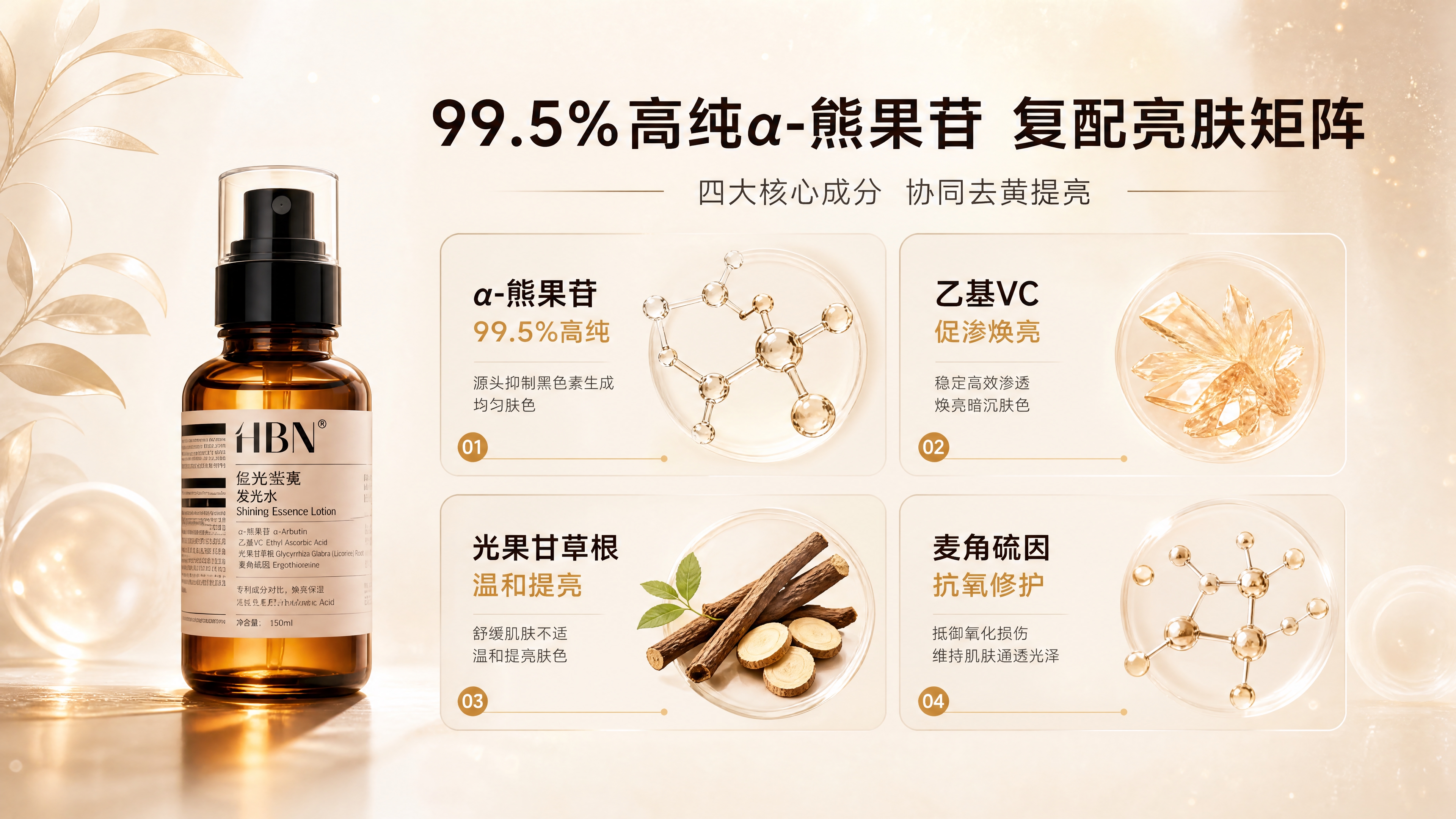 [商品] 使用【图1】HBN琥珀棕瓶发光水；保留瓶身结构、比例… - 图片创意预览