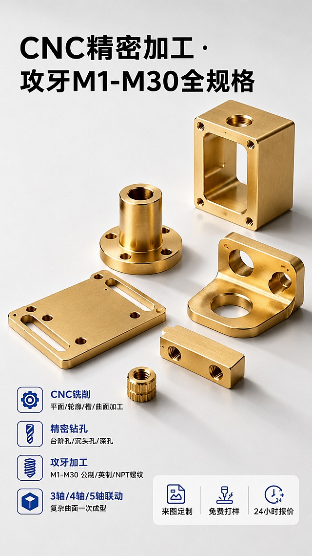 [第5屏] CNC精密加工与攻牙能力展示详情页，本屏使用【图2】作为主体参考图。
[氛围/风格] 专业清晰工业风，浅灰色简约背景，突出黄铜CNC加工件质感，高清商业摄影。
[元素布局] 多种CNC加工成品置于画面中部，占比约65%；左上角标题区，左下角功能列表，右下角服务优势信息；保持所有加工件形状、结构、颜色和原图一致。
[光影质感] 左上方主光，右侧自然投影，突出黄铜金属肌理和加工细节，孔洞、螺纹清晰可见，立体感强。
[配色色系] 全局底色 #F5F5F5；主色黑色大标题，蓝色功能图标；辅助色黄铜金色产品，白色背景块衬托文字。
[视角构图] 斜侧视角展现产品层次，产品居中，文字分区不遮挡主体，阅读动线左上→左下→右下，清晰流畅。
[文字版式] 顶部主标题「CNC精密加工·攻牙M1-M30全规格」；左侧四个蓝色图标加文案介绍加工能力：「CNC铣削：平面/轮廓/槽/曲面加工」「精密钻孔：台阶孔/沉头孔/深孔」「攻牙加工：M1-M30 公制/英制/NPT螺纹」「3轴/4轴/5轴联动：复杂曲面一次成型」；右下角三个优势点：「来图定制」「免费打样」「24小时报价」，文字清晰排版整齐。
[比例分辨率] 9:16 竖版比例，4K分辨率，文字清晰可辨，高清画质。
[负向提示词] 产品变形，缺件错件，结构错误，颜色偏差，水印，文字错乱，产品图模糊，文字过小