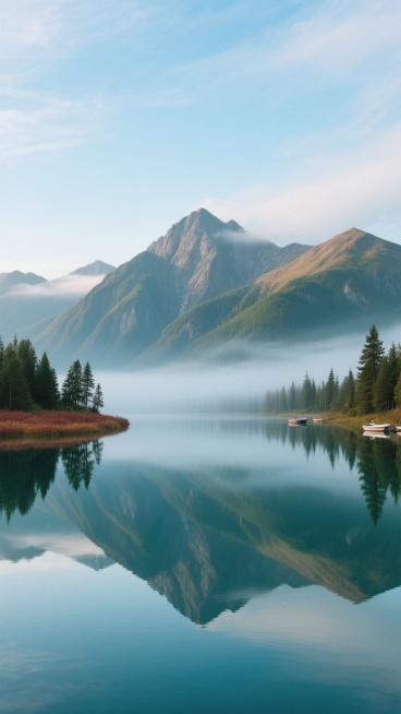 写实摄影风格的自然风光照片，画面中央是平静如镜的湖泊，湖水清澈见底，完美倒映出远处连绵起伏的雄伟山脉，山脉呈现出深绿色与灰褐色的自然岩石纹理，山顶部分笼罩着一层薄薄的、轻柔的晨雾，增添了神秘而宁静的氛围。湖岸两侧点缀着稀疏的墨绿色松树，左侧湖岸有一片红褐色的低矮植被，右侧远处隐约可见几艘停泊的小船。天空是明亮的浅蓝色，带有淡淡的云层，光线柔和，呈现出清晨或傍晚的柔光效果，整个画面构图采用对称式……预览效果