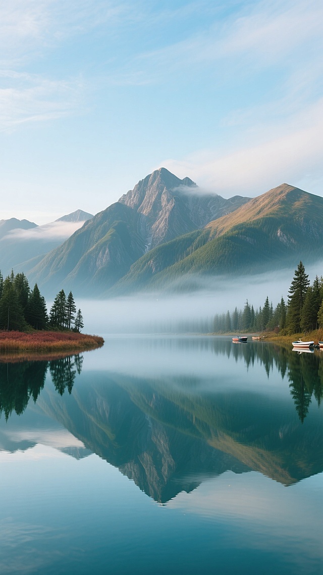 写实摄影风格的自然风光照片，画面中央是平静如镜的湖泊，湖水清澈见底，完美倒映出远处连绵起伏的雄伟山脉，山脉呈现出深绿色与灰褐色的自然岩石纹理，山顶部分笼罩着一层薄薄的、轻柔的晨雾，增添了神秘而宁静的氛围。湖岸两侧点缀着稀疏的墨绿色松树，左侧湖岸有一片红褐色的低矮植被，右侧远处隐约可见几艘停泊的小船。天空是明亮的浅蓝色，带有淡淡的云层，光线柔和，呈现出清晨或傍晚的柔光效果，整个画面构图采用对称式布局，强调山水倒影的和谐美感，色彩以蓝绿色调为主，搭配山脉的自然色系，营造出宁静、开阔、壮丽的自然景观氛围。