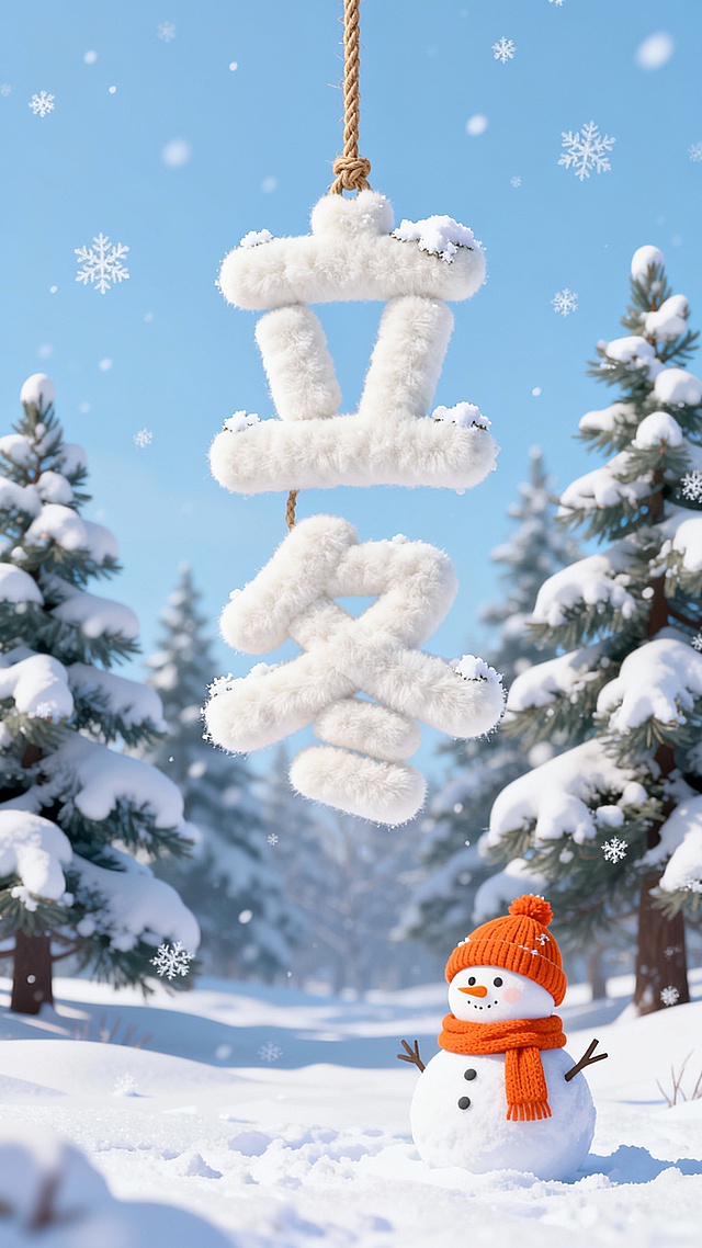 冬日雪景场景，背景是覆盖着白雪的松树和浅蓝色天空，雪花轻轻飘落。前景中有一个戴着橙色针织帽和围巾的雪人，立在雪地里。画面中央，一根麻绳悬挂着一个由柔软的白色毛绒材质编织而成的“立冬”二字挂饰，字体饱满蓬松，表面有细微的绒毛质感，挂饰边缘和文字上点缀着少量积雪，整体保持3D立体效果，光影柔和，营造出宁静温馨的冬日氛围。