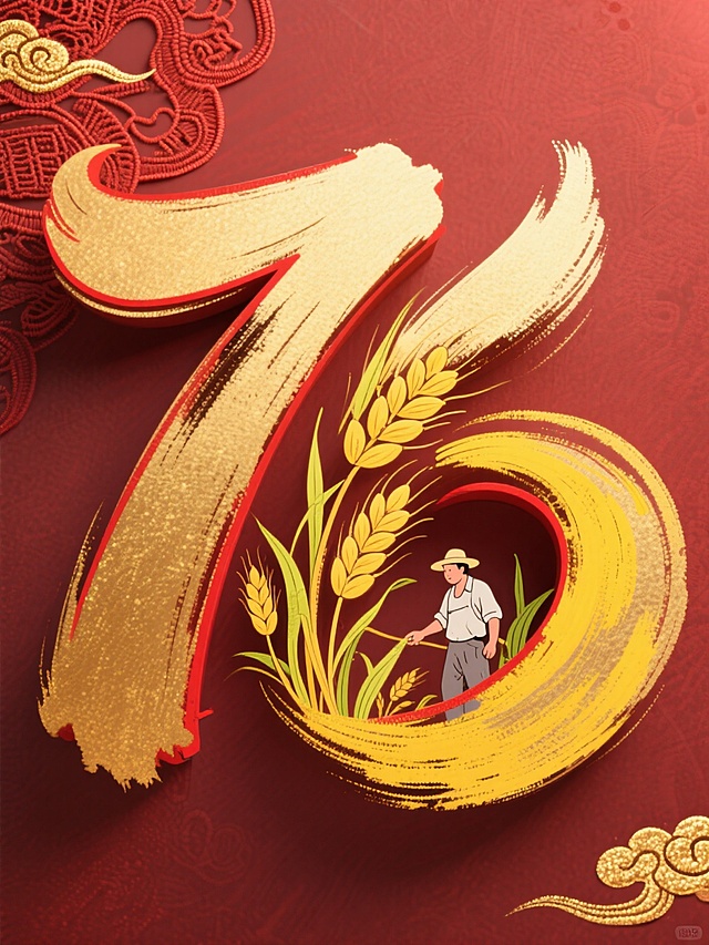 鎏金大字“76”融合刺绣与浮雕质感，融入麦穗与农人剪影，彰显国潮风韵与丰收喜庆，中式民族美学跃然纸上。