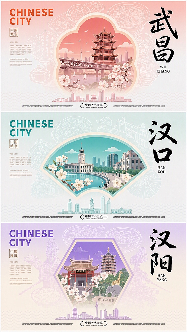 将图中的三座城市全部改为武汉主题，保持完全一致的版式构图和国潮扁平插画风格。三张海报分别对应武汉三镇：

第一张（原成都位置，海棠形花窗，粉橙渐变）：武昌主题，花窗内是黄鹤楼、武汉长江大桥、东湖，市花梅花，背景线描热干面、武昌鱼、豆皮、黄鹤楼诗词元素，右侧书法大字改为"武昌"，拼音WU CHANG，左侧印章改为"中国城市"，底部天际线是武昌地标建筑。

第二张（原杭州位置，扇形花窗，青绿渐变）：汉口主题，花窗内是江汉关钟楼、汉口江滩、武汉天地，市花梅花，背景线描小龙虾、周黑鸭、江汉路步行街、租界老建筑元素，右侧书法大字改为"汉口"，拼音HAN KOU，底部天际线是汉口地标建筑。

第三张（原西安位置，六边形花窗，紫蓝渐变）：汉阳主题，花窗内是古琴台、归元寺、武汉动物园，市花梅花，背景线描排骨藕汤、汉阳造、归元寺数罗汉、古琴台知音文化元素，右侧书法大字改为"汉阳"，拼音HAN YANG，底部天际线是汉阳地标建筑。

整体风格、配色逻辑、排版布局、字体样式与参考图完全一致，仅替换城市内容为武汉三镇主题。