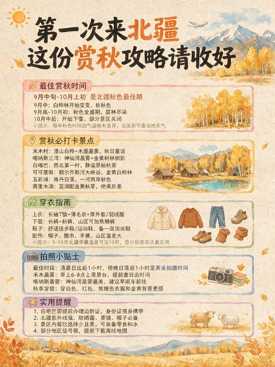 水彩手绘风格，浅米色纸张质感背景，秋日暖黄色调，北疆赏秋游玩建… - 图片创意预览