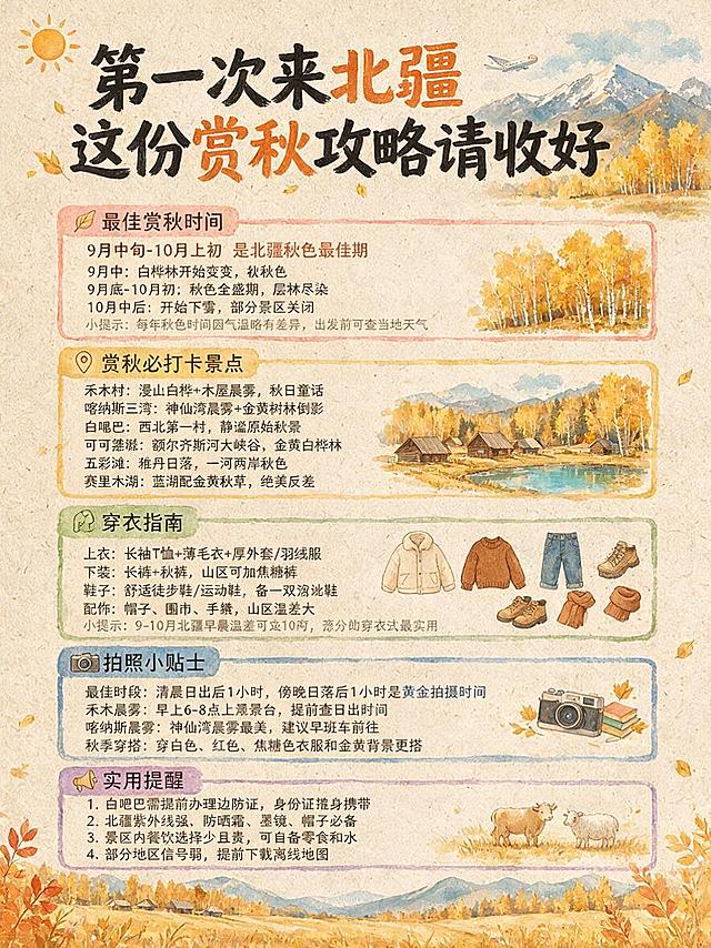水彩手绘风格，浅米色纸张质感背景，秋日暖黄色调，北疆赏秋游玩建议海报，整体风格与之前的交通/住宿海报保持一致。

【顶部大标题】："第一次来北疆 这份赏秋攻略请收好"，黑色+橙红色手写粗体大字，左上角太阳图标，右上角白桦林山脉插画，配小飞机装饰。

【板块1 最佳赏秋时间】粉色边框
树叶图标：9月中旬-10月上旬是北疆秋色最佳期
9月中：白桦林开始变黄，初秋色
9月底-10月初：秋色全盛期，层林尽染
10月中后：开始下雪，部分景区关闭
小提示：每年秋色时间因气温略有差异，出发前可查当地天气
右侧配金黄白桦林小插画

【板块2 赏秋必打卡景点】黄色边框
禾木村：漫山白桦+木屋晨雾，秋日童话
喀纳斯三湾：神仙湾晨雾+金黄树林倒影
白哈巴：西北第一村，静谧原始秋景
可可托海：额尔齐斯河大峡谷，金黄白桦林
五彩滩：雅丹日落，一河两岸秋色
赛里木湖：蓝湖配金黄秋草，绝美反差
右侧配小木屋、湖泊小插画

【板块3 穿衣指南】绿色边框
上衣：长袖T恤+薄毛衣+厚外套/羽绒服
下装：长裤+秋裤，山区可加保暖裤
鞋子：舒适徒步鞋/运动鞋，备一双防水鞋
配饰：帽子、围巾、手套，山区温差大
小提示：9-10月北疆早晚温差可达20度，洋葱式穿衣法最实用
右侧配衣服、鞋子小插画

【板块4 拍照小贴士】蓝色边框
最佳时段：清晨日出后1小时、傍晚日落前1小时是黄金拍摄时间
禾木晨雾：早上6-8点上观景台，提前查日出时间
喀纳斯晨雾：神仙湾晨雾最美，建议早班车前往
秋季穿搭：穿白色、红色、焦糖色衣服和金黄背景更搭
下方配相机、秋叶小插画

【板块5 实用提醒】紫色边框
喇叭图标：
1. 白哈巴需提前办理边防证，身份证随身携带
2. 北疆紫外线强，防晒霜、墨镜、帽子必备
3. 景区内餐饮选择少且贵，可自备零食和水
4. 部分地区信号弱，提前下载离线地图
左下角配小木屋插画，右下角配牛羊草原插画

【整体风格】：水彩手绘风，秋日暖黄色调，浅米色纸张质感，与北疆交通/住宿系列海报风格完全统一。

【硬约束】：
1. 5个板块布局清晰，彩色边框区分，图标样式与系列海报一致
2. 整体水彩手绘风格、配色体系、排版结构与北疆系列海报保持统一
3. 画面中必须完整呈现以上所有文字信息，不得遗漏、错位或编造
4. 所有数字（时间、温度）必须精确渲染
5. 文字清晰可读