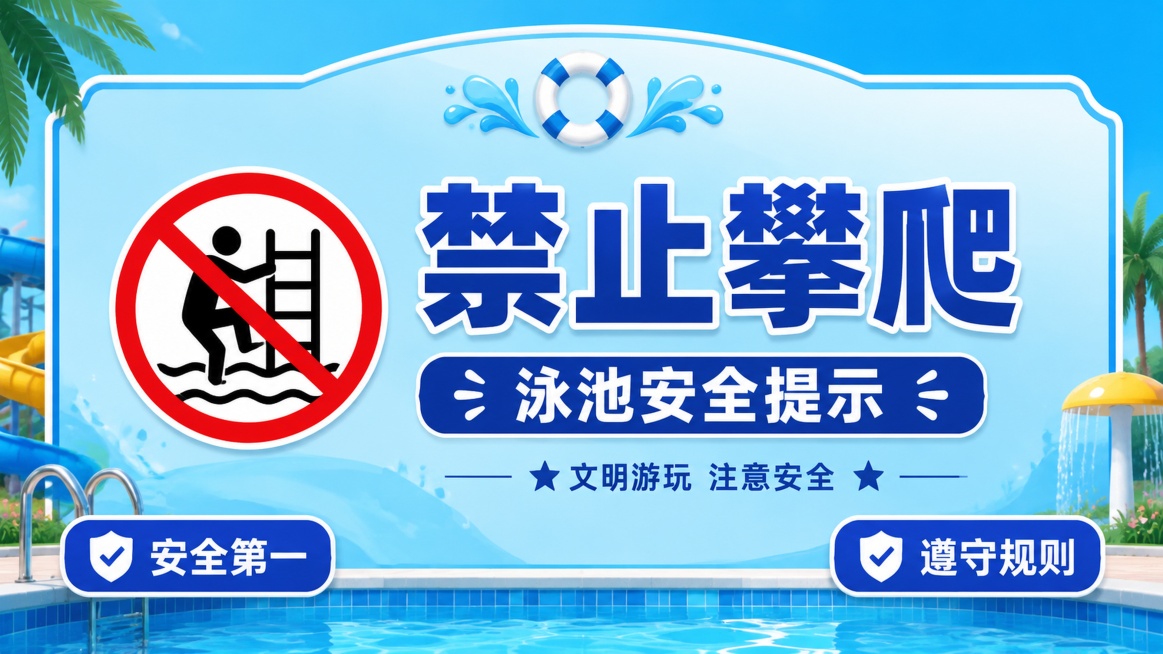 简约醒目的泳池水上乐园温馨提示标识牌，安全提示风格，画面清晰干净，版式精美，16:9横版。画面主体大标题文字为"禁止攀爬"，副标题文字为"泳池安全提示"，装饰文字为"文明游玩 注意安全"，左下角标签文预览效果